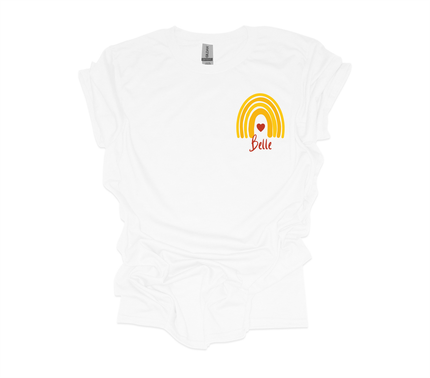 short sleeved white t-shirt with a yellow rainbow and princess Belle