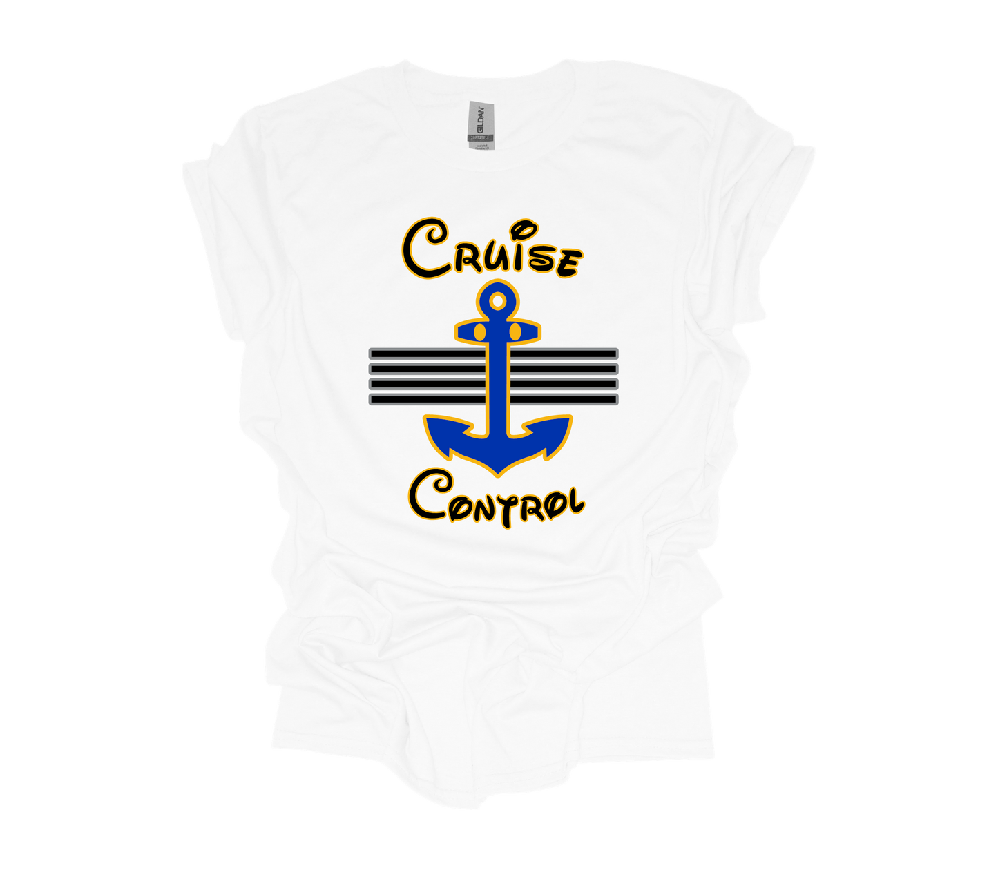 white short sleeved t-shirts with a blue anchor and the words cruise control