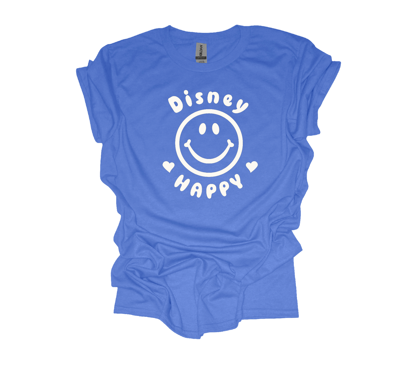 short sleeved blue t-shirt with the words Disney Happy around a big happy face